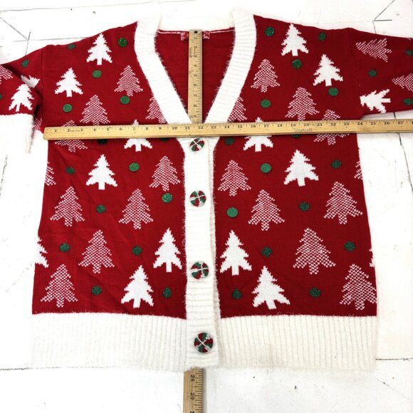 33 Degrees Cardigan Ugly Christmas Sweater w/ Christmas trees & spangles Large - Picture 10 of 16